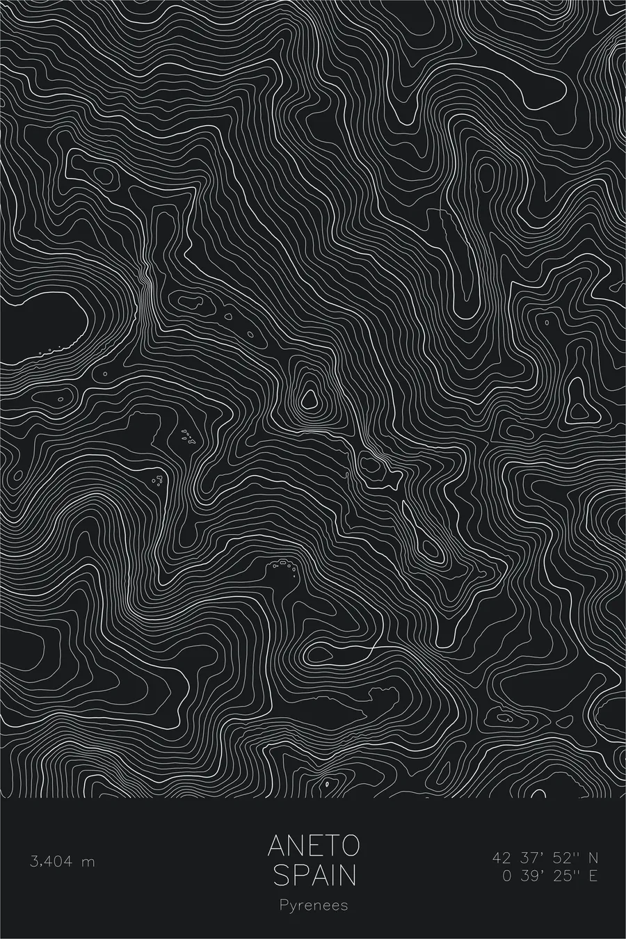 Pen-plotted topographic map of Aneto, Spain in white ink on black paper
