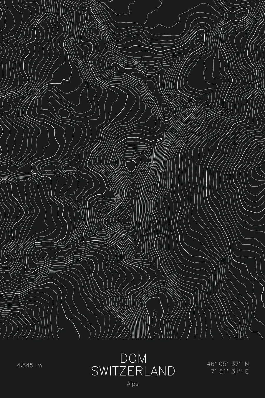 Pen-plotted topographic map of Dom, Switzerland in white ink on black paper