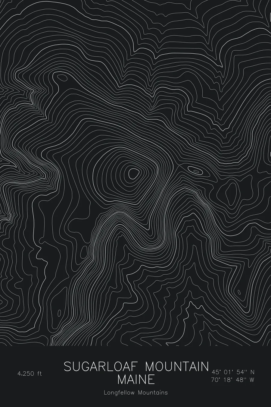Pen-plotted topographic map of Sugarloaf Mountain, Maine in white ink on black paper
