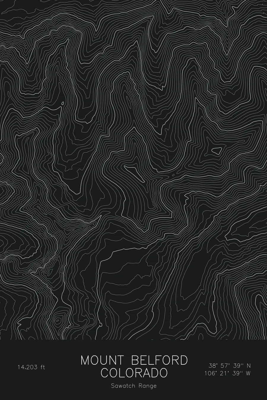 Pen-plotted topographic map of Mount Belford, Colorado in white ink on black paper