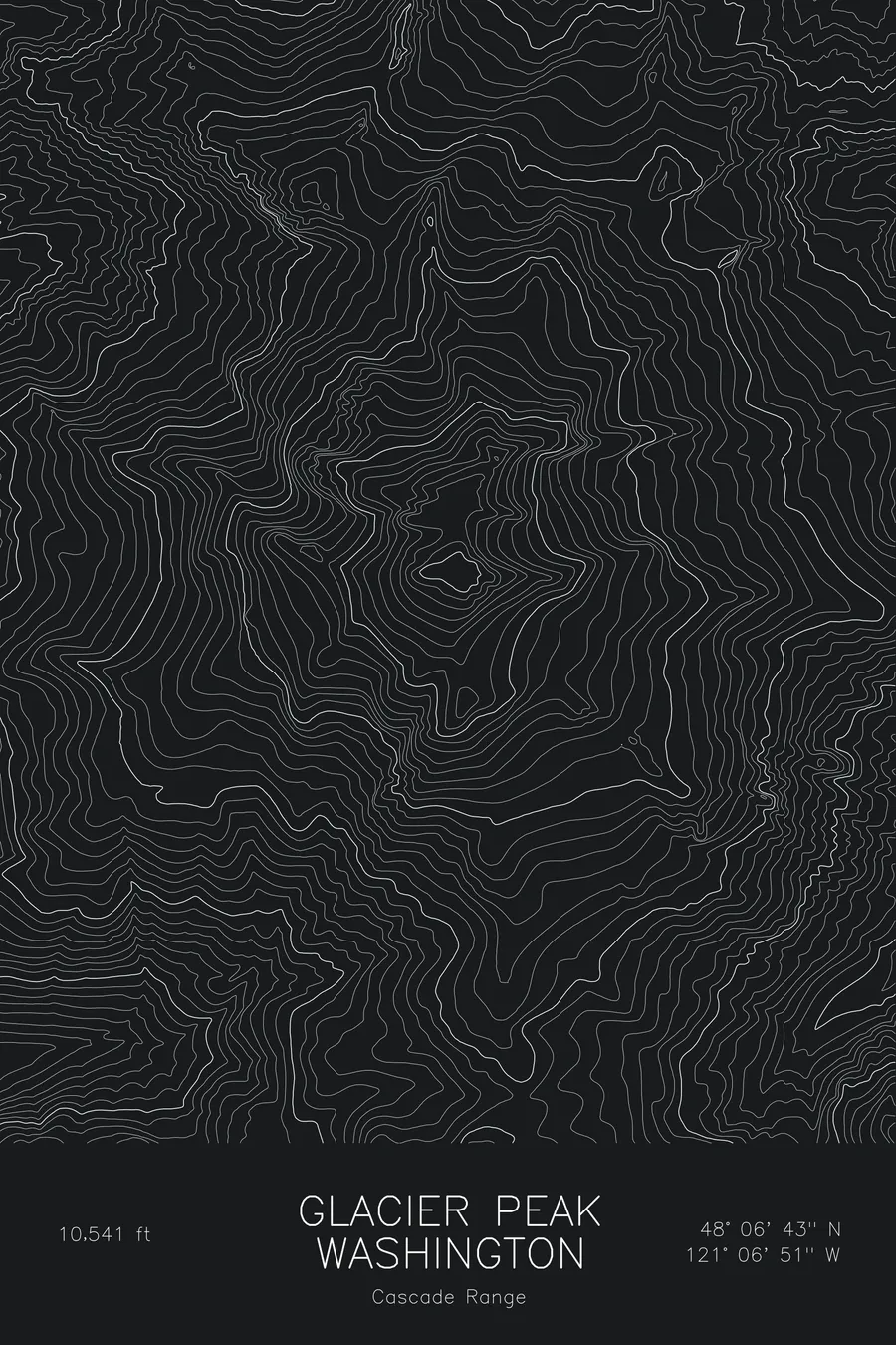 Pen-plotted topographic map of Glacier Peak, Washington in white ink on black paper
