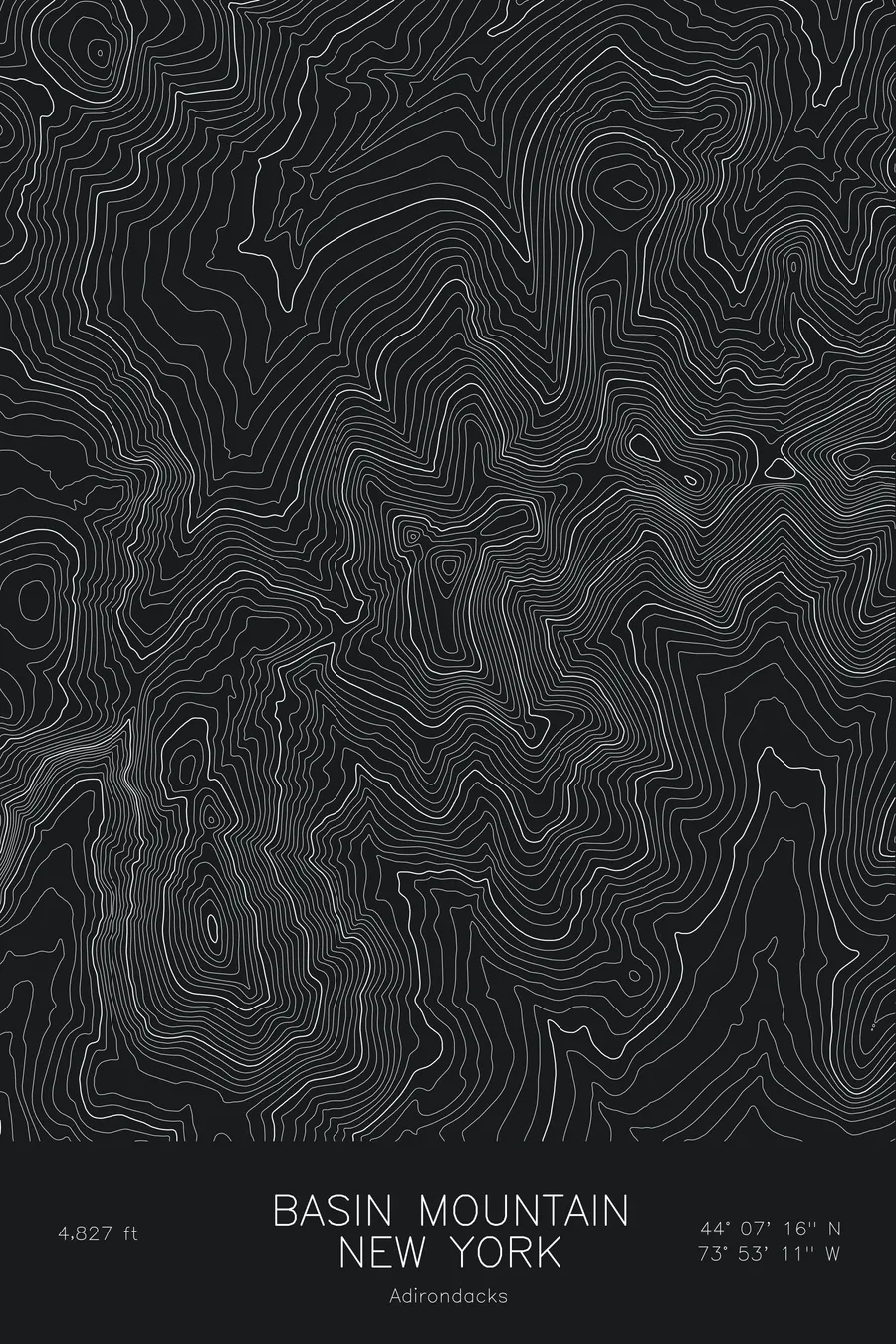 Pen-plotted topographic map of Basin Mountain, New York in white ink on black paper