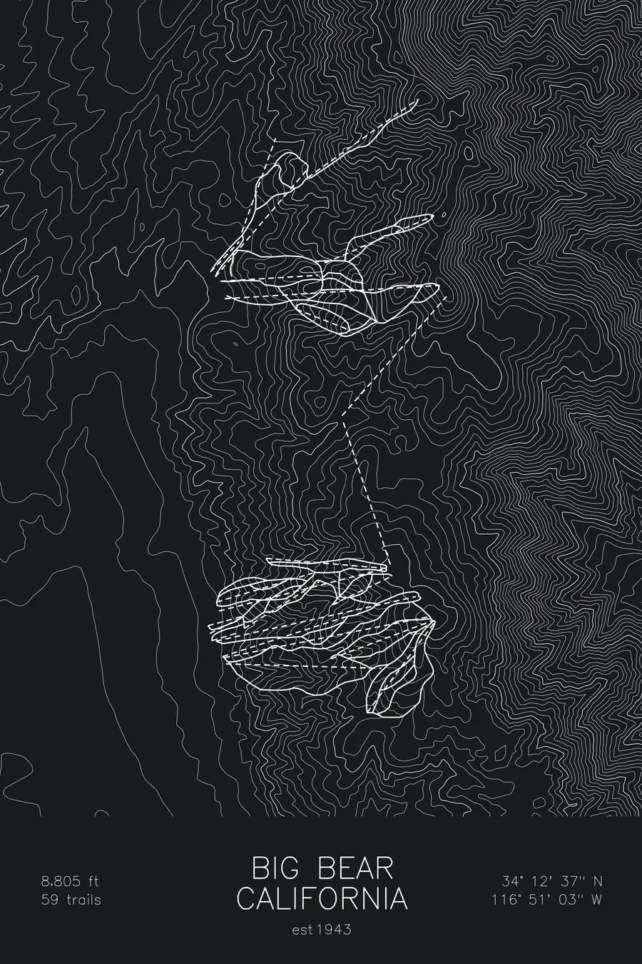 Pen-plotted topographic ski map of Big Bear, California in white ink on black paper