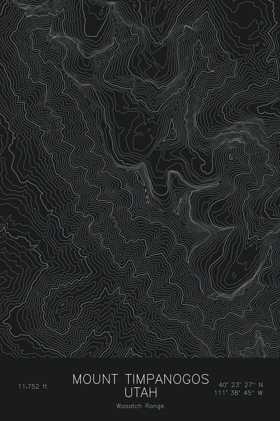 Pen-plotted topographic map of Mount Timpanogos, Utah in white ink on black paper