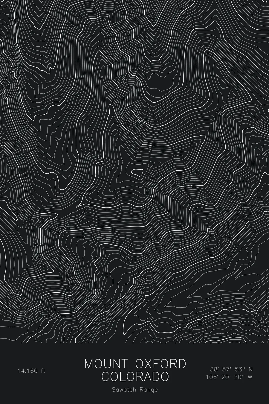 Pen-plotted topographic map of Mount Oxford, Colorado in white ink on black paper