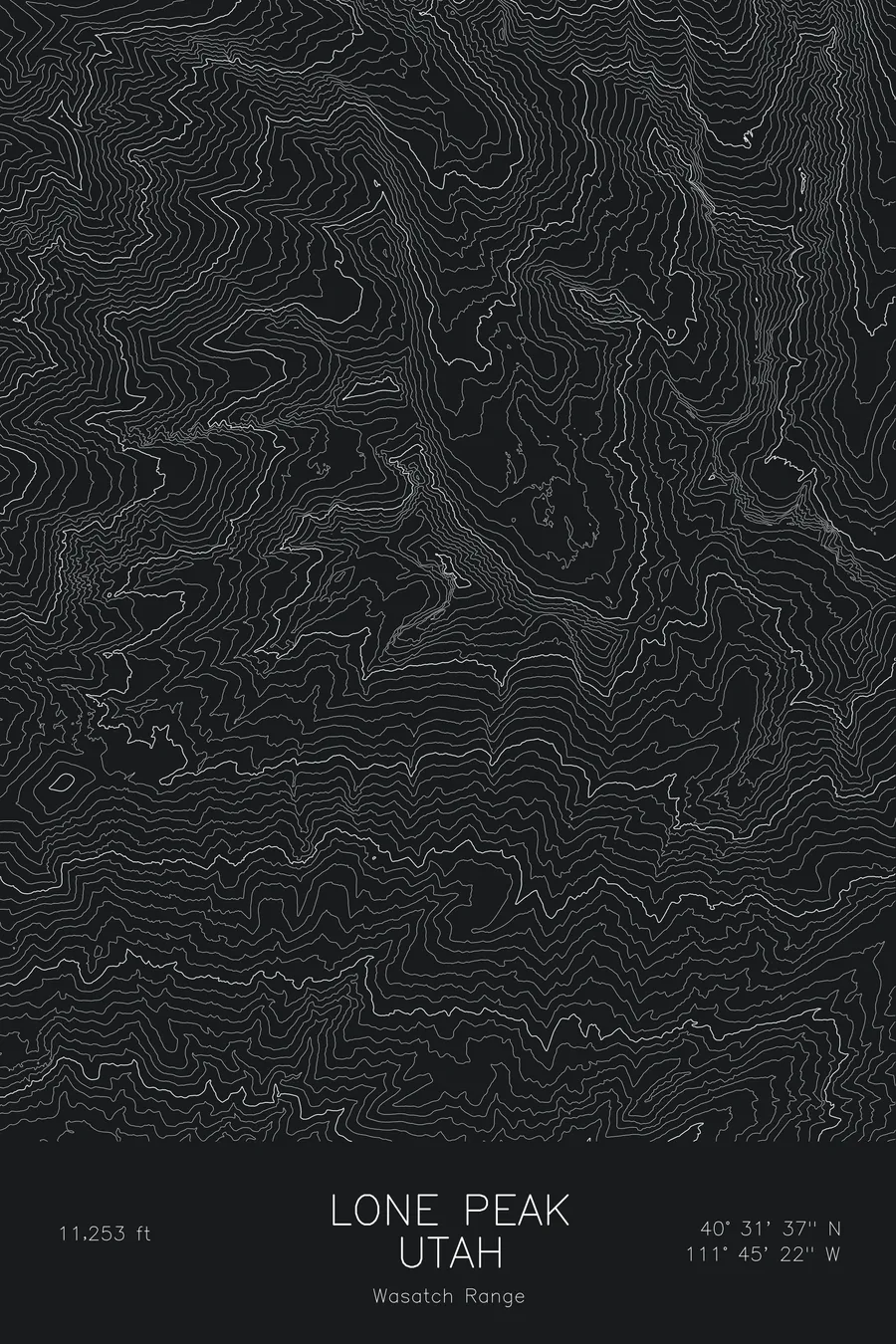 Pen-plotted topographic map of Lone Peak, Utah in white ink on black paper