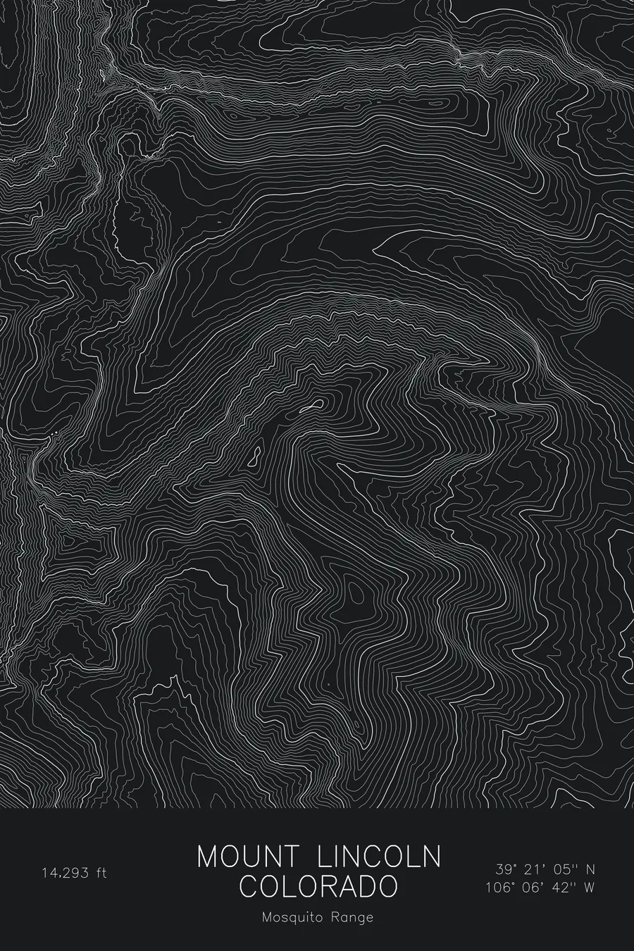 Pen-plotted topographic map of Mount Lincoln, Colorado in white ink on black paper