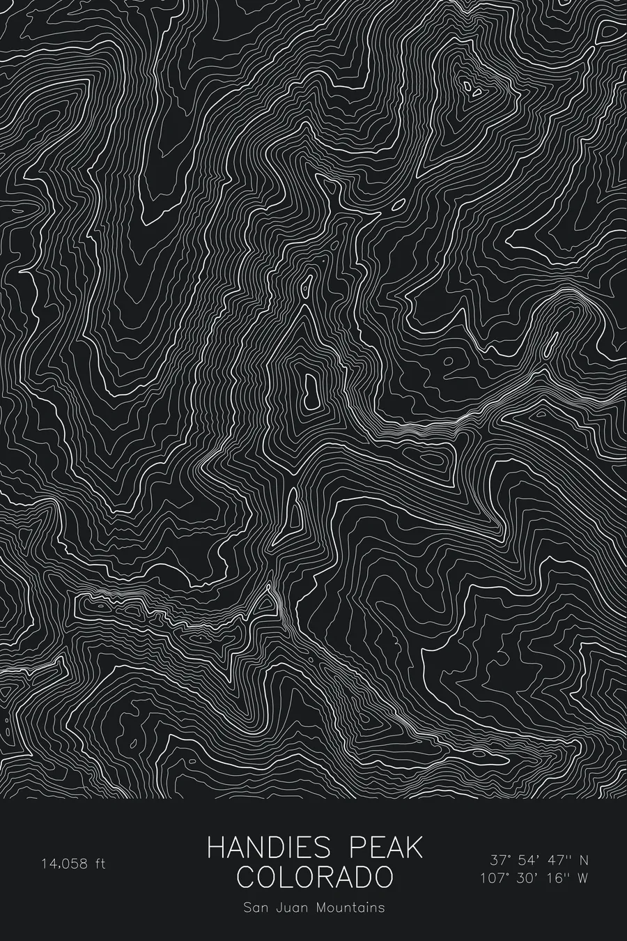 Pen-plotted topographic map of Handies Peak, Colorado in white ink on black paper
