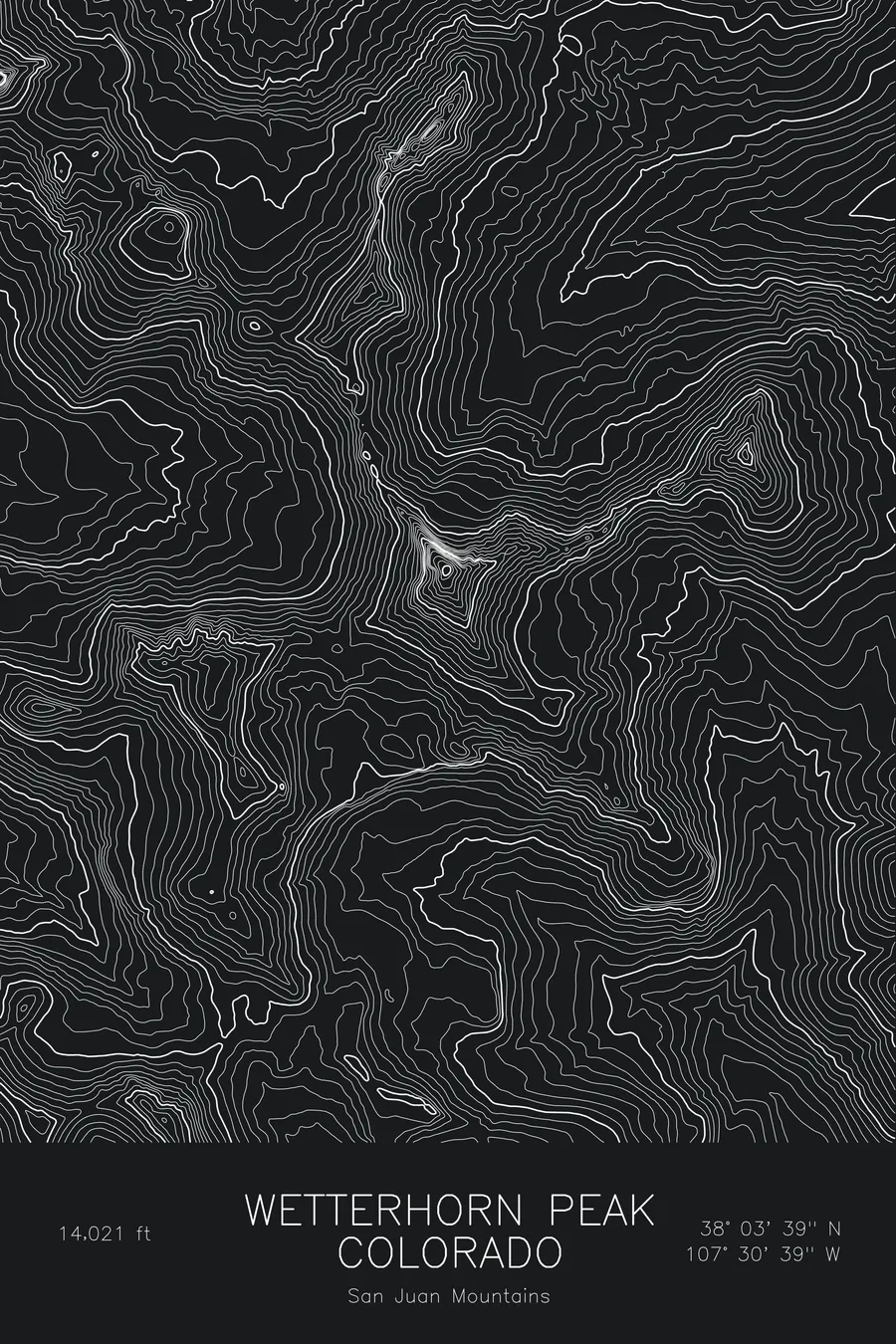 Pen-plotted topographic map of Wetterhorn Peak, Colorado in white ink on black paper