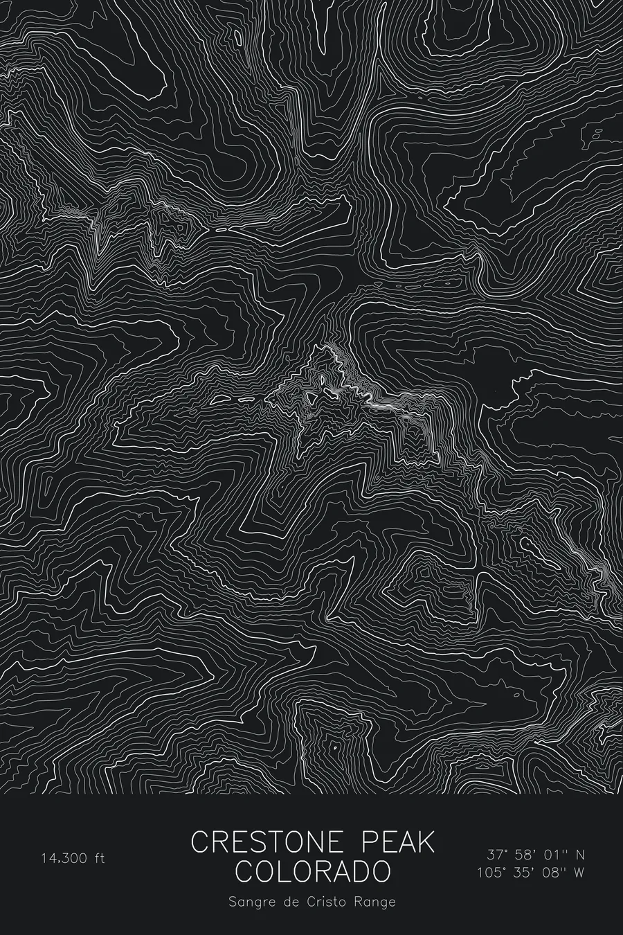Pen-plotted topographic map of Crestone Peak, Colorado in white ink on black paper