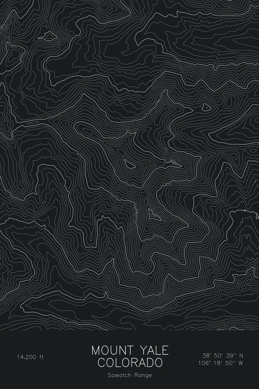 Pen-plotted topographic map of Mount Yale, Colorado in white ink on black paper