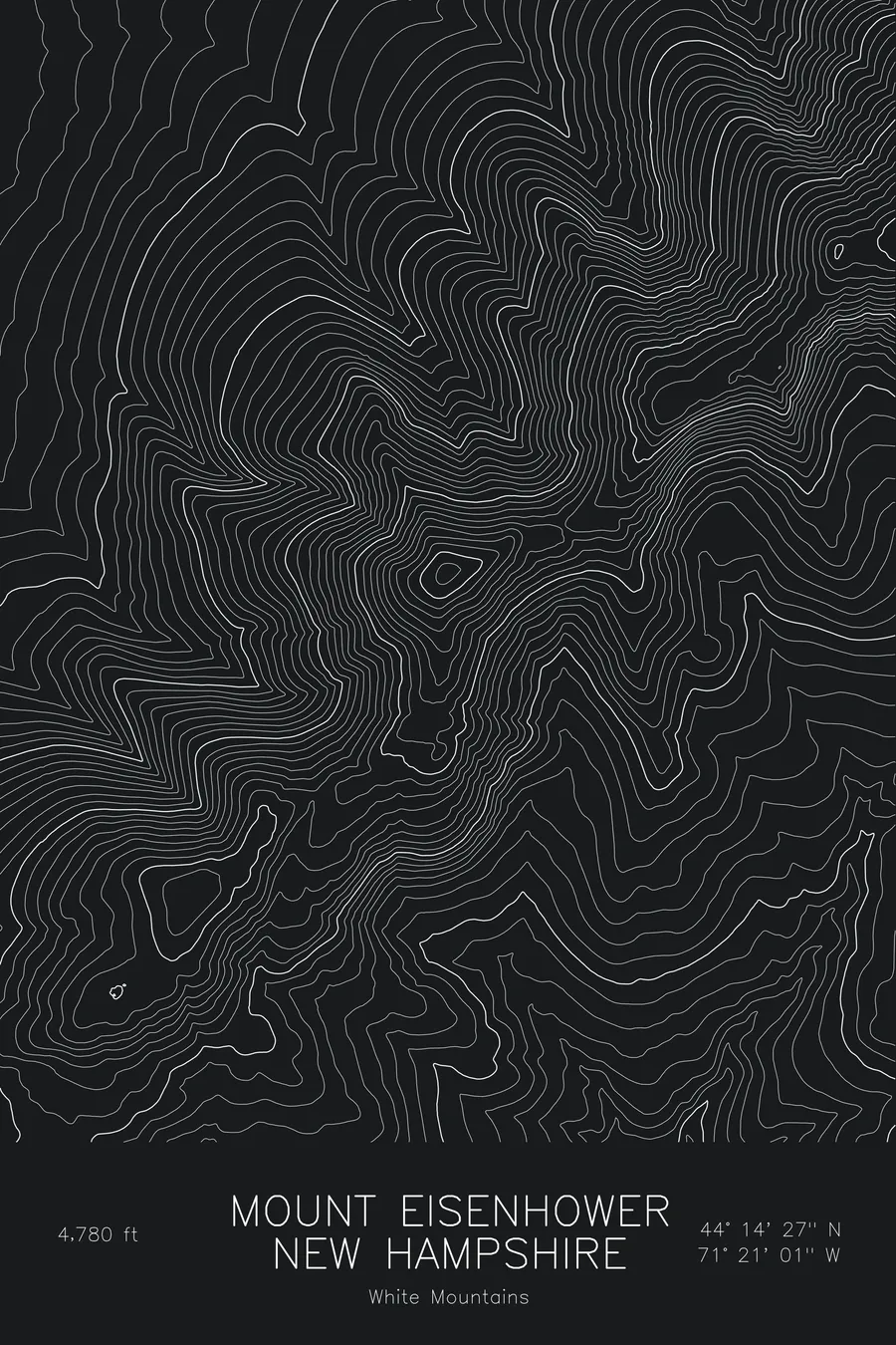 Pen-plotted topographic map of Mount Eisenhower, New Hampshire in white ink on black paper