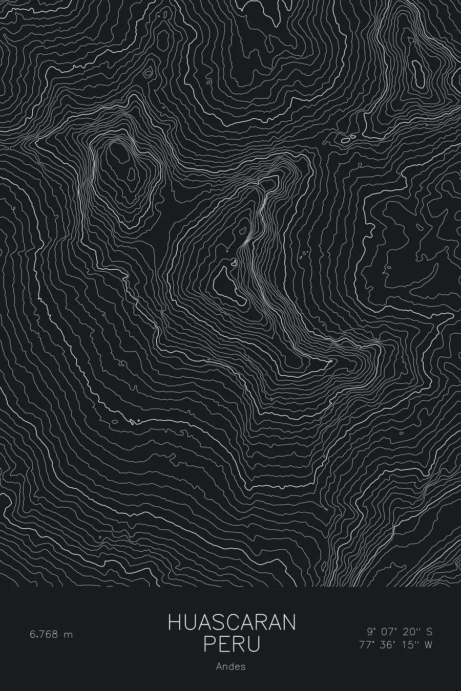 Pen-plotted topographic map of Huascaran, Peru in white ink on black paper