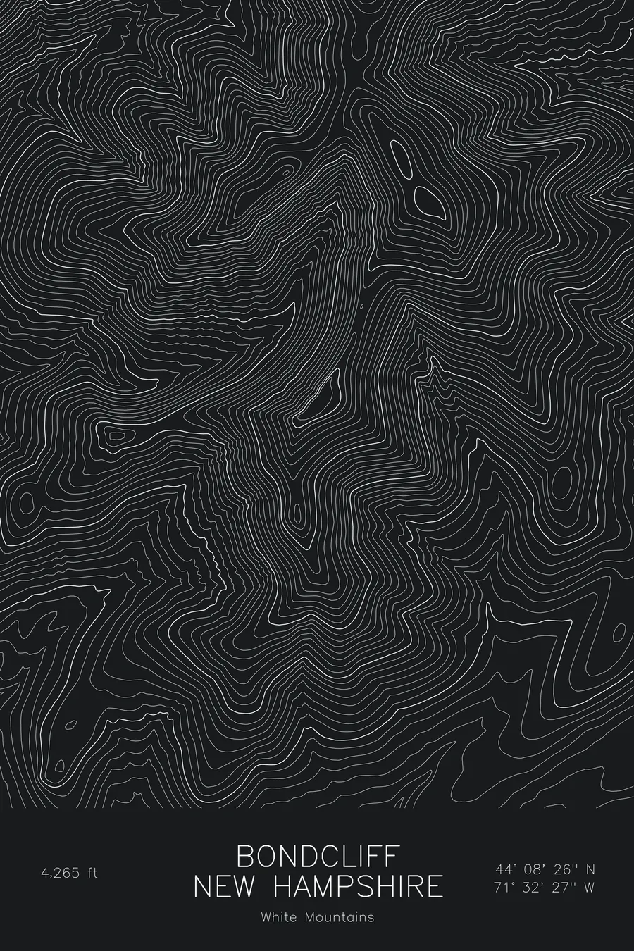 Pen-plotted topographic map of Bondcliff, New Hampshire in white ink on black paper