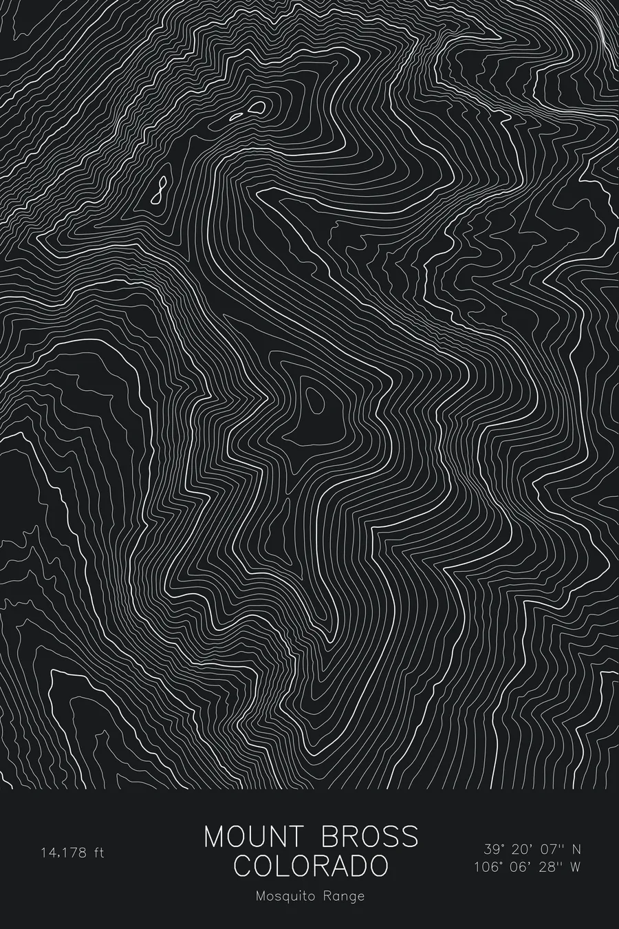 Pen-plotted topographic map of Mount Bross, Colorado in white ink on black paper
