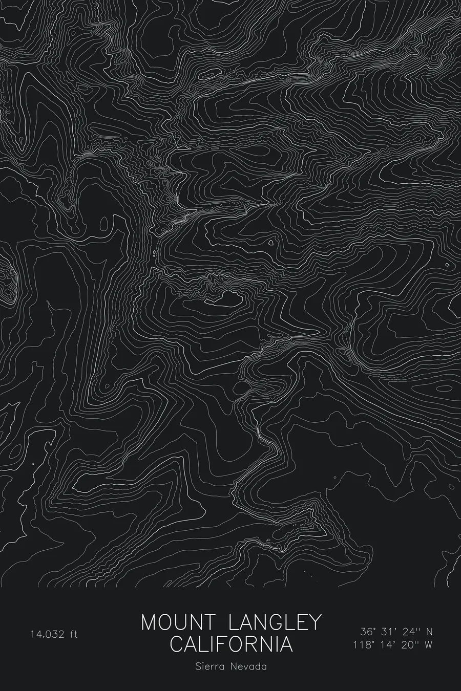 Pen-plotted topographic map of Mount Langley, California in white ink on black paper