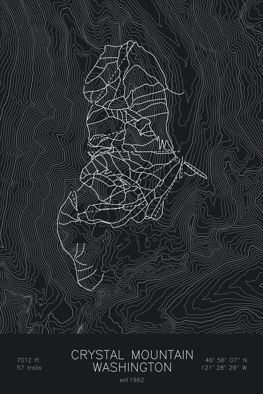 Pen-plotted topographic ski map of Crystal Mountain, Washington in white ink on black paper