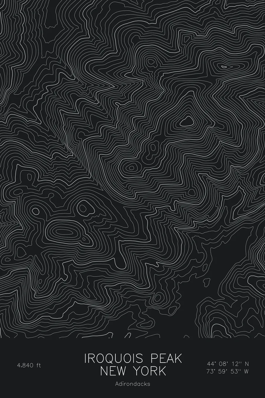 Pen-plotted topographic map of Iroquois Peak, New York in white ink on black paper