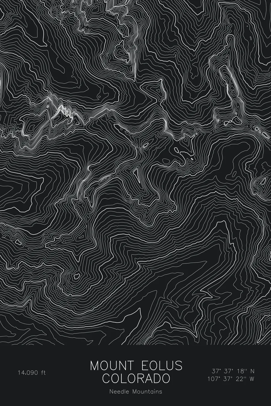 Pen-plotted topographic map of Mount Eolus, Colorado in white ink on black paper