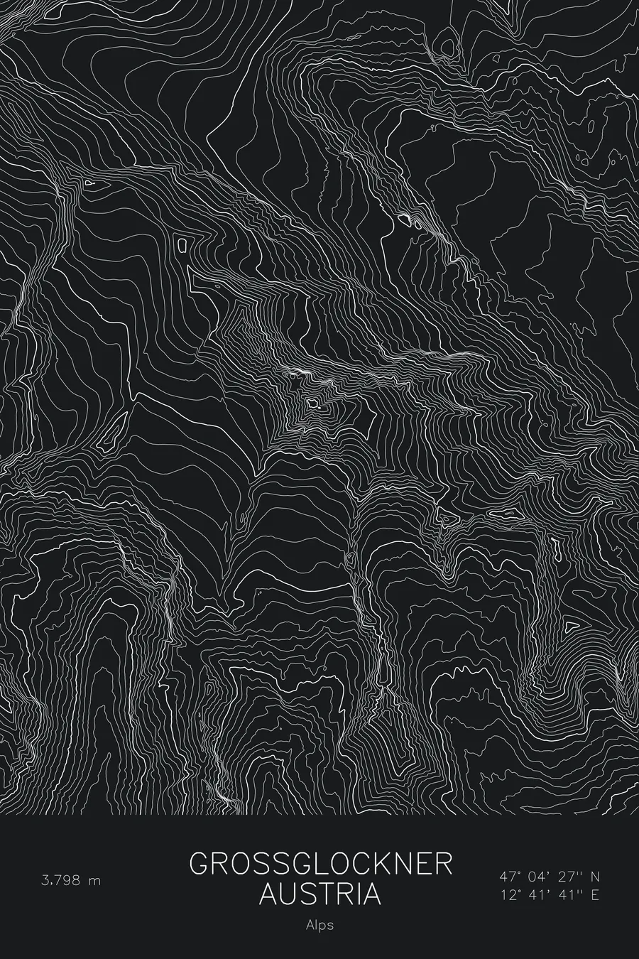 Pen-plotted topographic map of Grossglockner, Austria in white ink on black paper