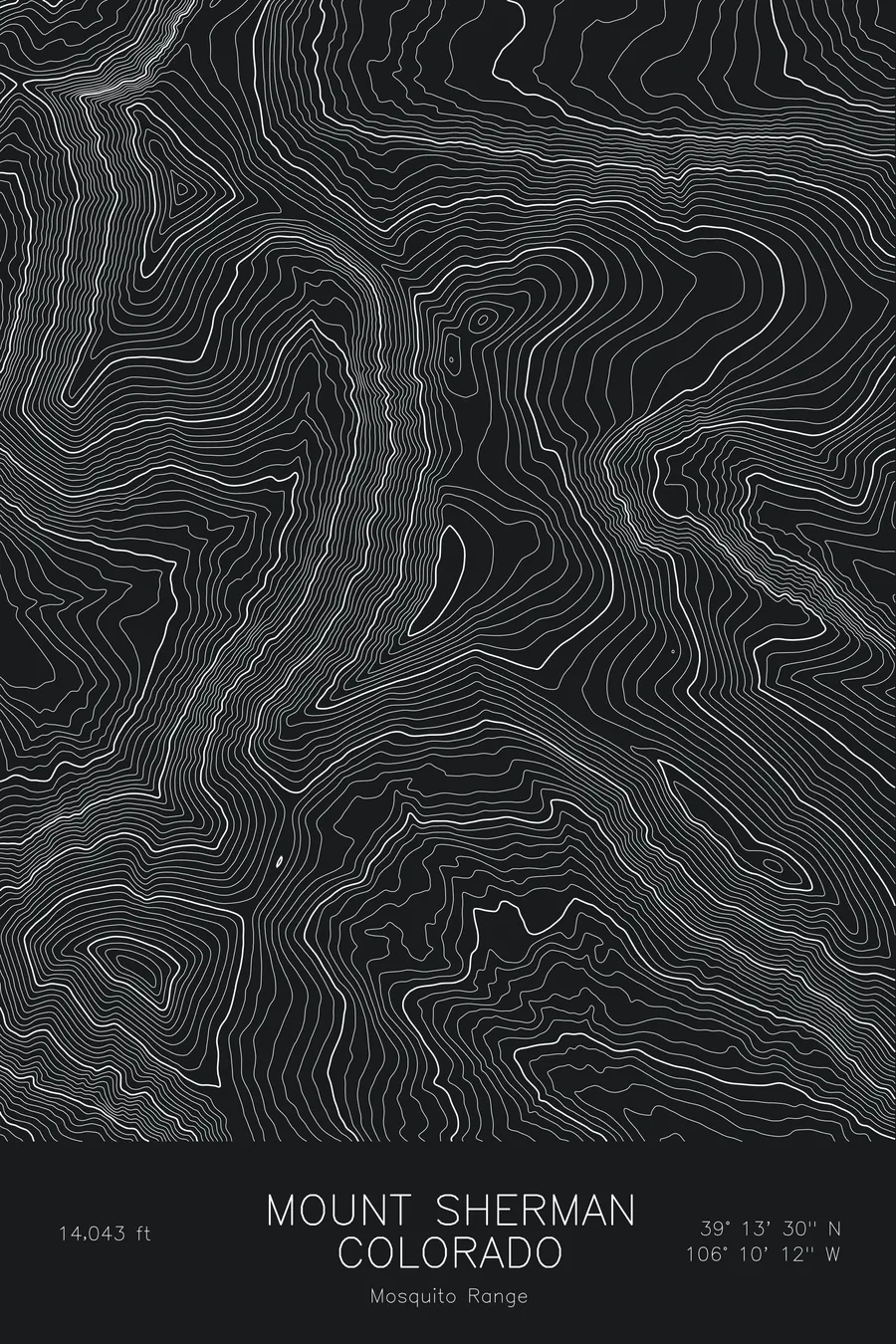 Pen-plotted topographic map of Mount Sherman, Colorado in white ink on black paper