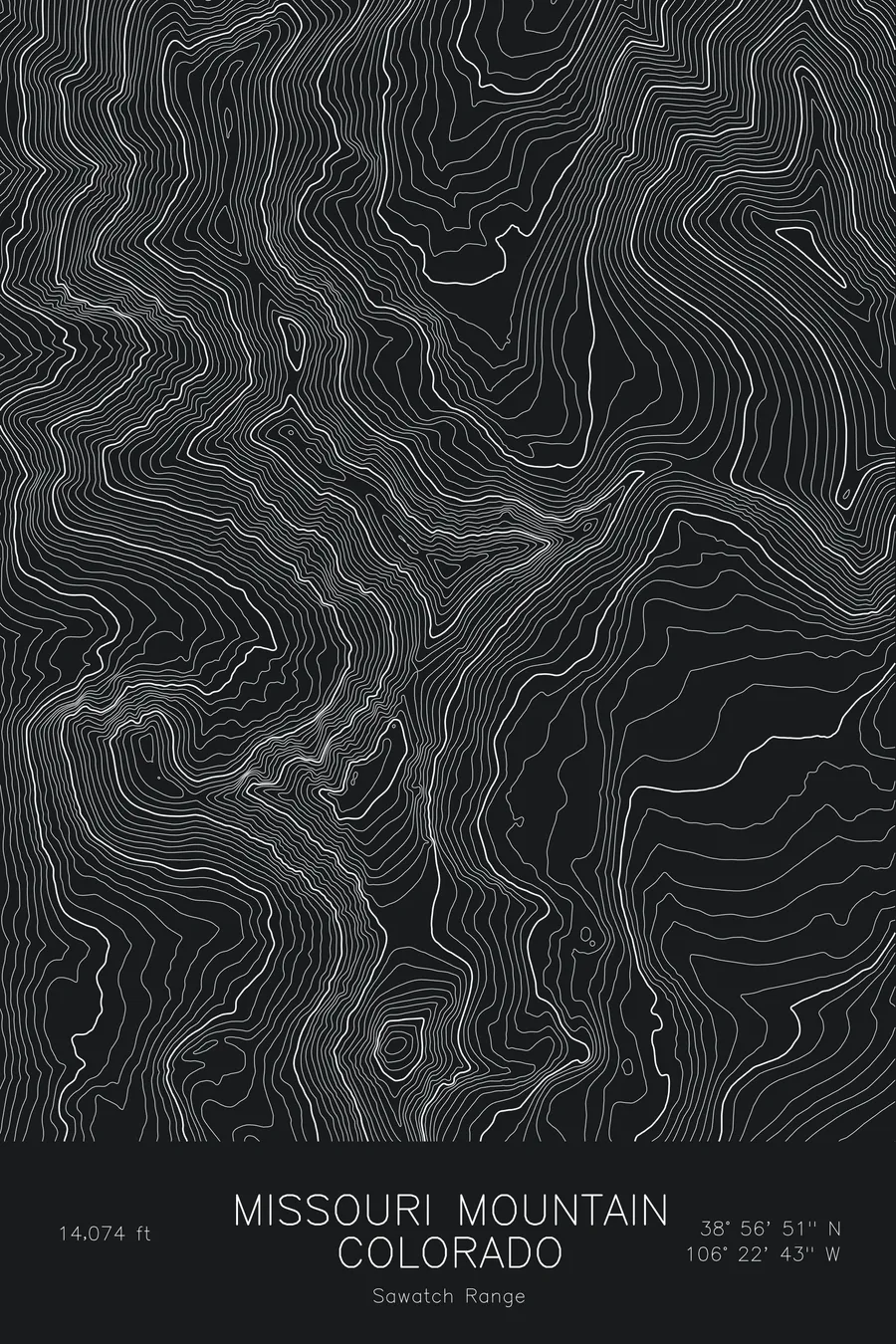 Pen-plotted topographic map of Missouri Mountain, Colorado in white ink on black paper