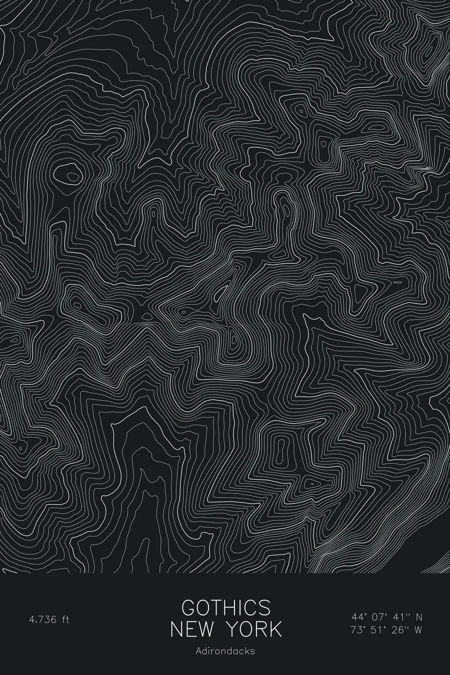 Pen-plotted topographic map of Gothics, New York in white ink on black paper