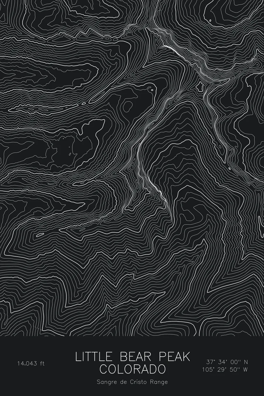 Pen-plotted topographic map of Little Bear Peak, Colorado in white ink on black paper