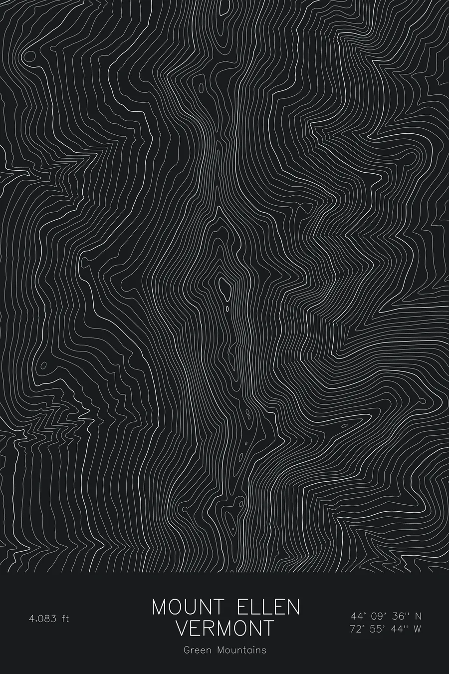 Pen-plotted topographic map of Mount Ellen, Vermont in white ink on black paper