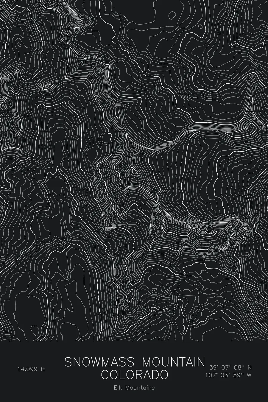 Pen-plotted topographic map of Snowmass Mountain, Colorado in white ink on black paper