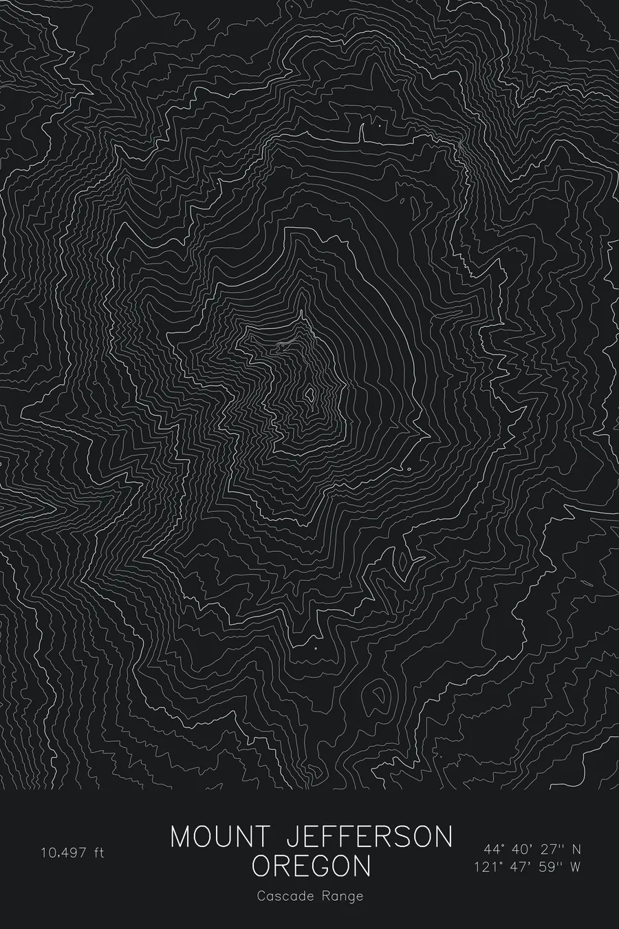 Pen-plotted topographic map of Mount Jefferson, Oregon in white ink on black paper