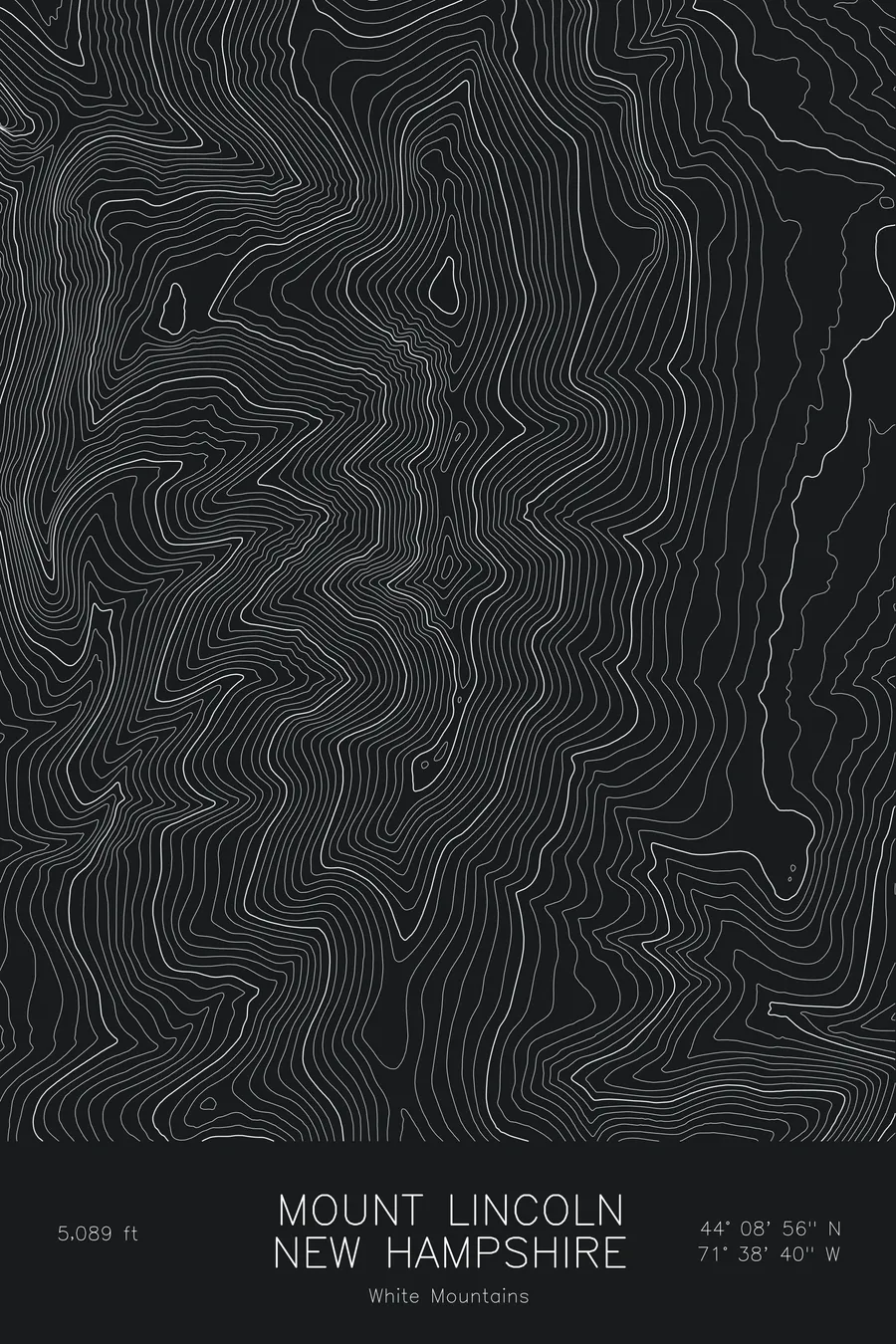 Pen-plotted topographic map of Mount Lincoln, New Hampshire in white ink on black paper