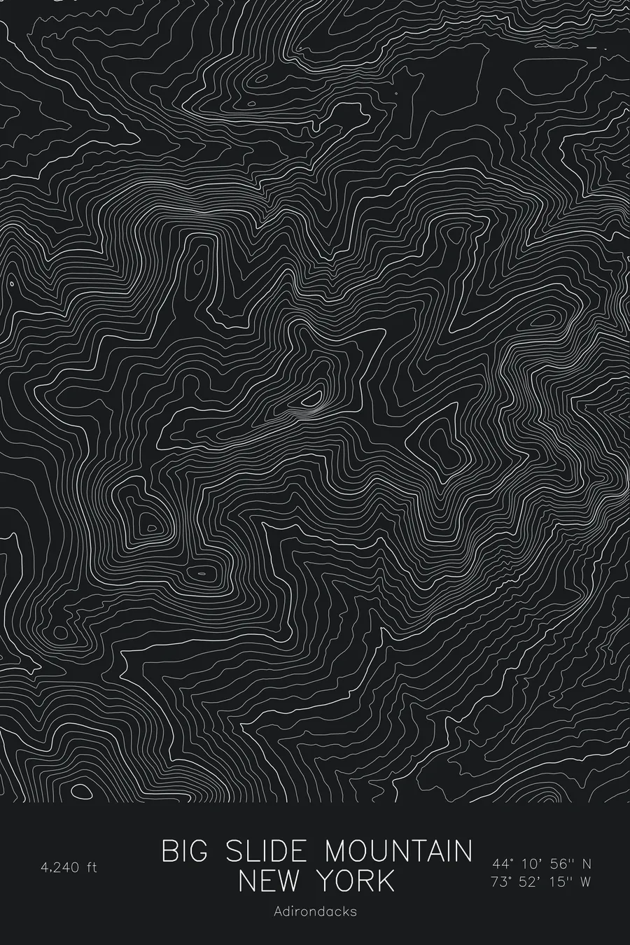Pen-plotted topographic map of Big Slide Mountain, New York in white ink on black paper