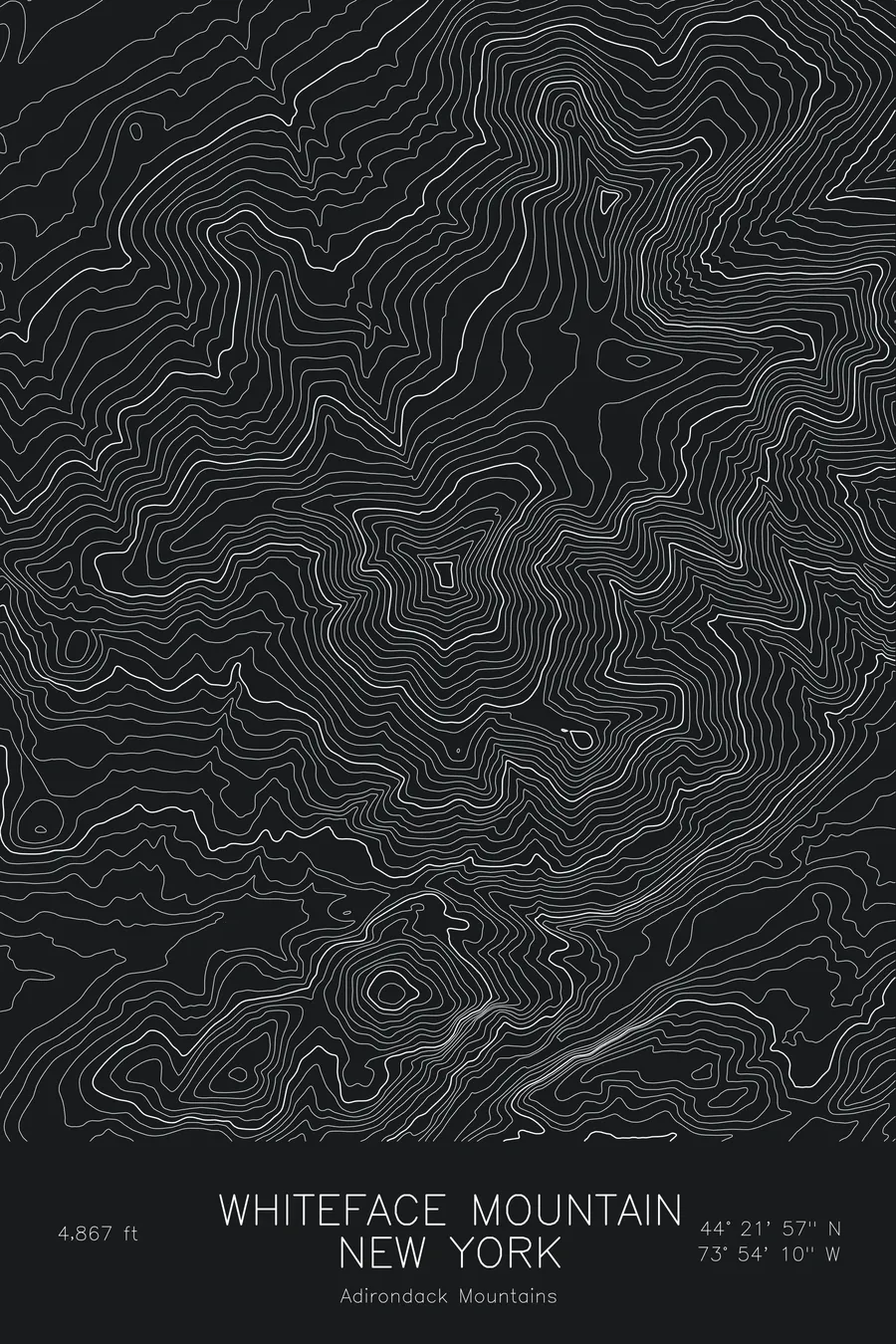 Pen-plotted topographic map of Whiteface Mountain, New York in white ink on black paper