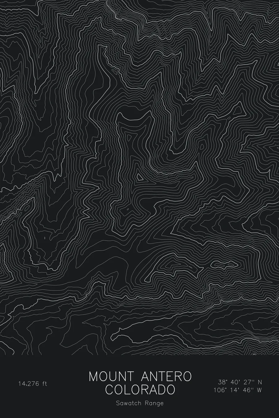 Pen-plotted topographic map of Mount Antero, Colorado in white ink on black paper