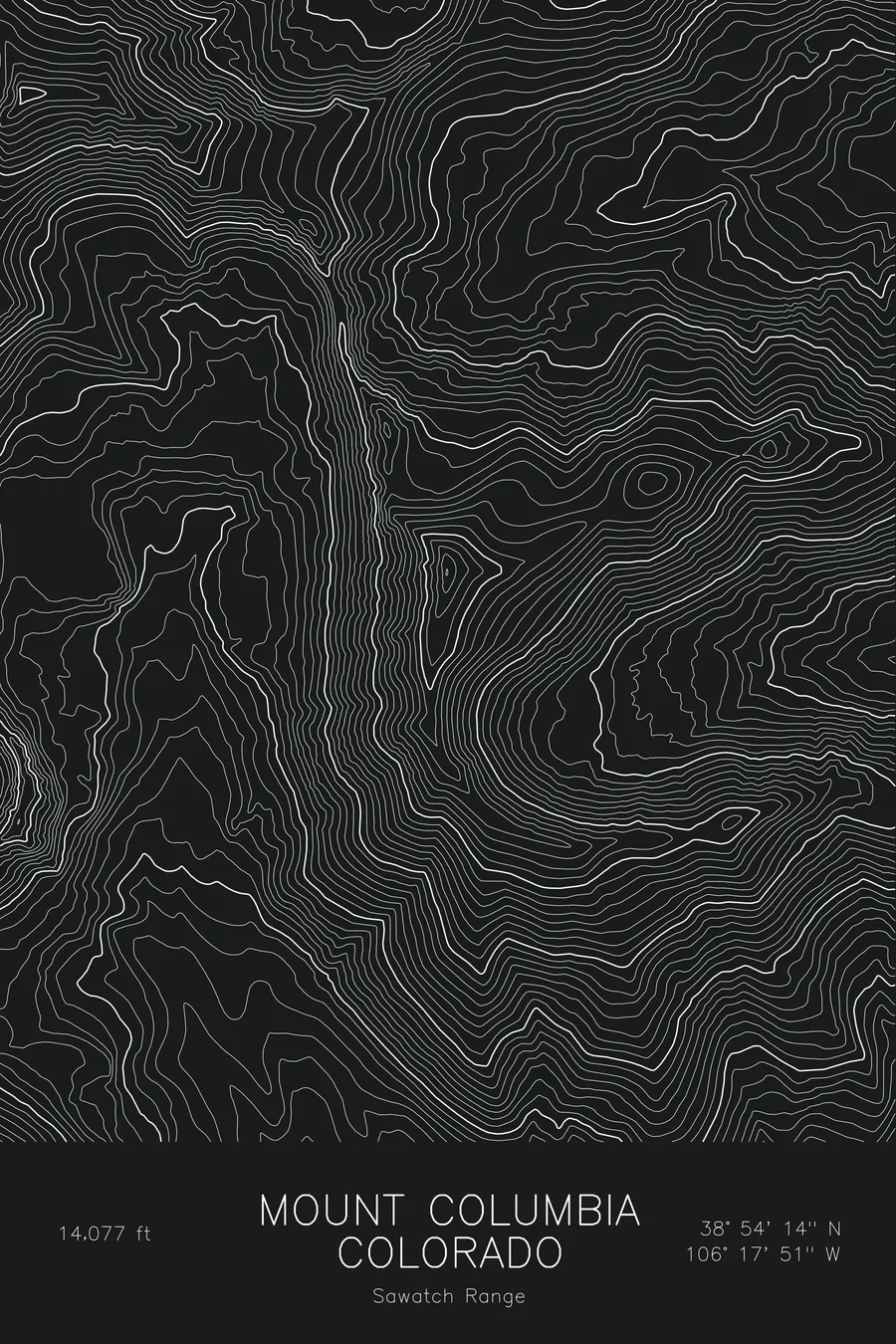 Pen-plotted topographic map of Mount Columbia, Colorado in white ink on black paper