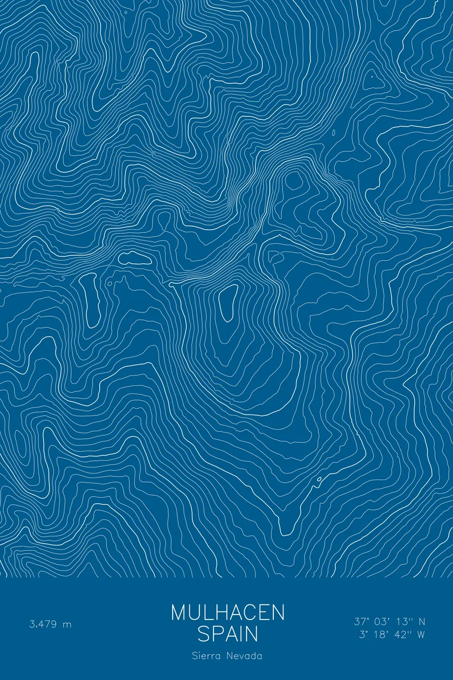 Pen-plotted topographic map of Mulhacen, Spain in white ink on blue paper