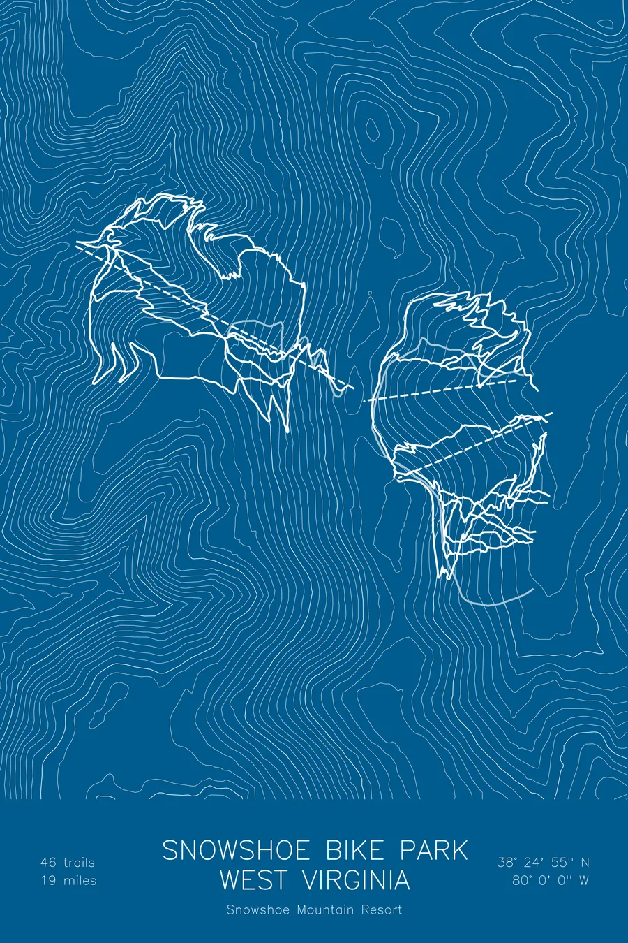 Pen-plotted mountain bike trail map of Snowshoe Bike Park, West Virginia in white ink on blue paper