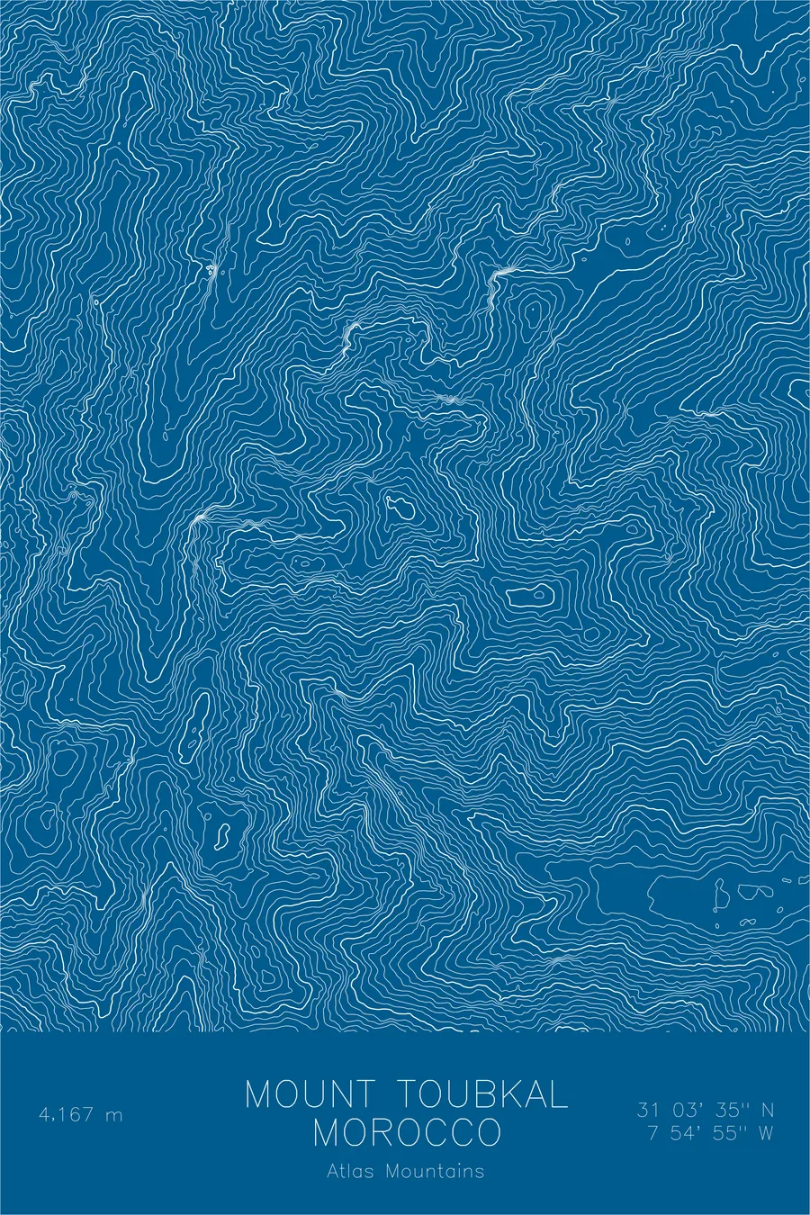 Pen-plotted topographic map of Mount Toubkal, Morocco in white ink on blue paper