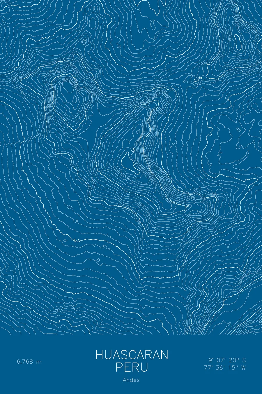 Pen-plotted topographic map of Huascaran, Peru in white ink on blue paper