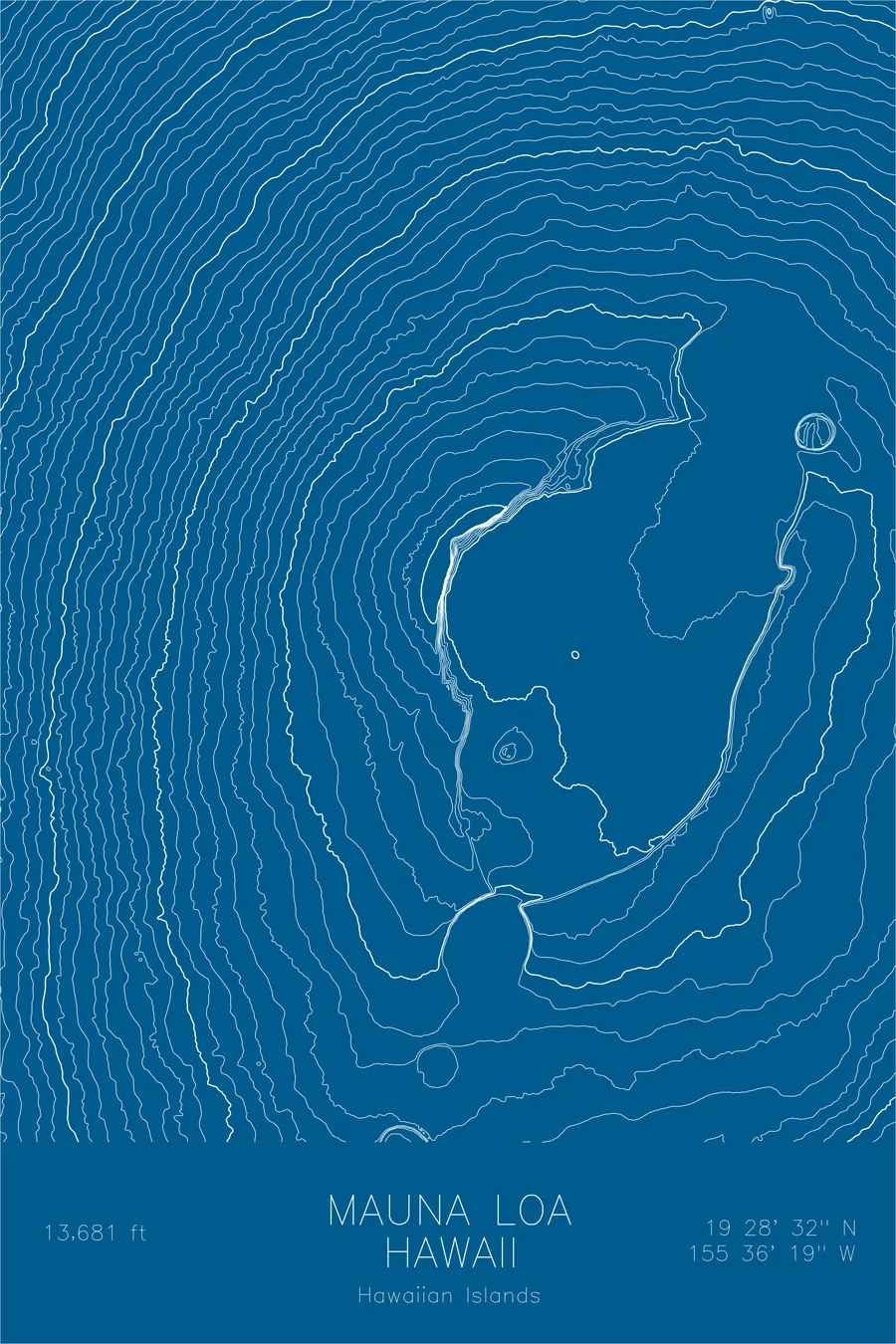 Pen-plotted topographic map of Mauna Loa, Hawaii in white ink on blue paper