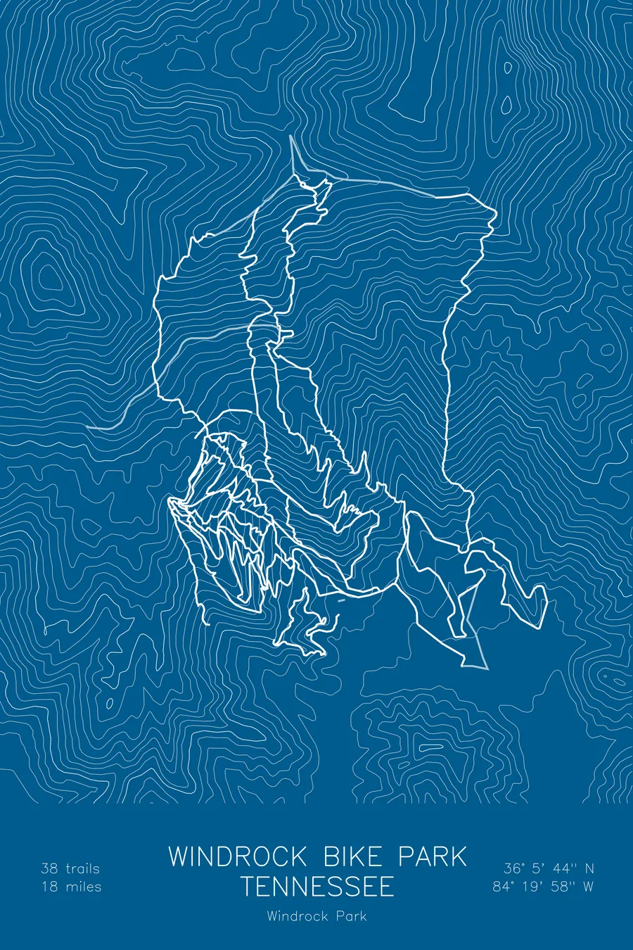 Pen-plotted mountain bike trail map of Windrock Bike Park, Tennessee in white ink on blue paper