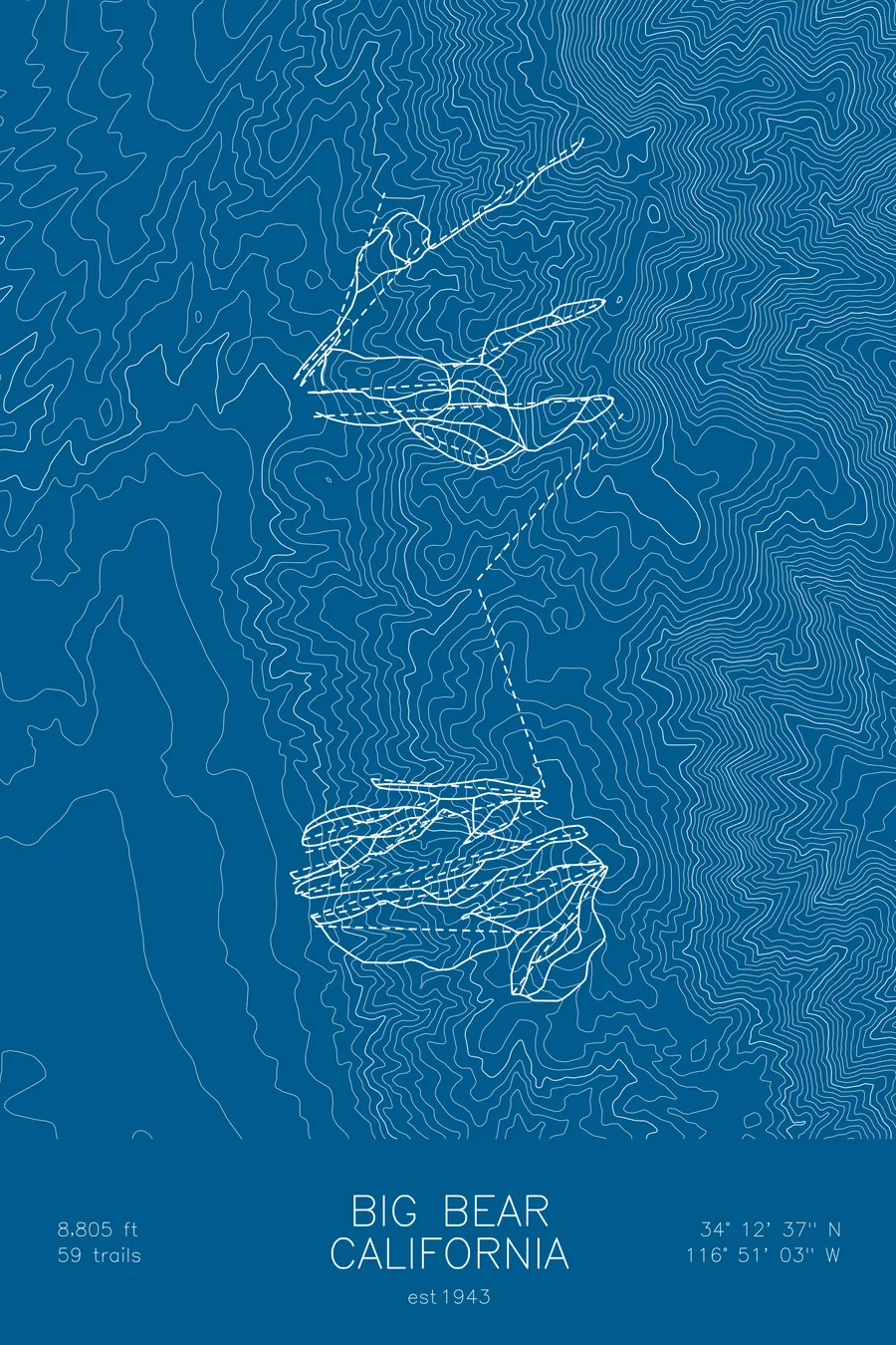 Pen-plotted topographic ski map of Big Bear, California in white ink on blue paper