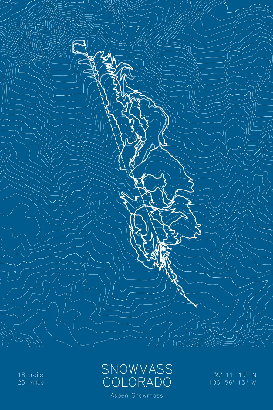 Pen-plotted mountain bike trail map of Snowmass Bike Park, Colorado in white ink on blue paper