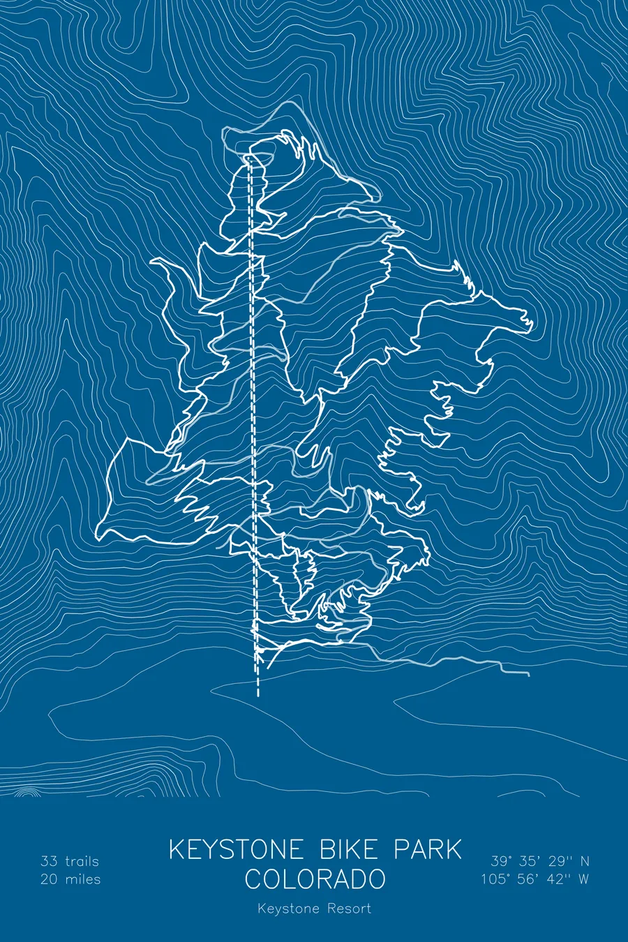 Pen-plotted mountain bike trail map of Keystone Bike Park, Colorado in white ink on blue paper