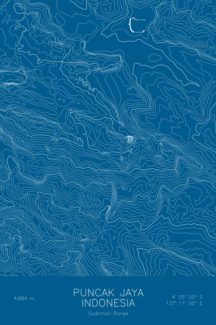 Pen-plotted topographic map of Puncak Jaya, Indonesia in white ink on blue paper