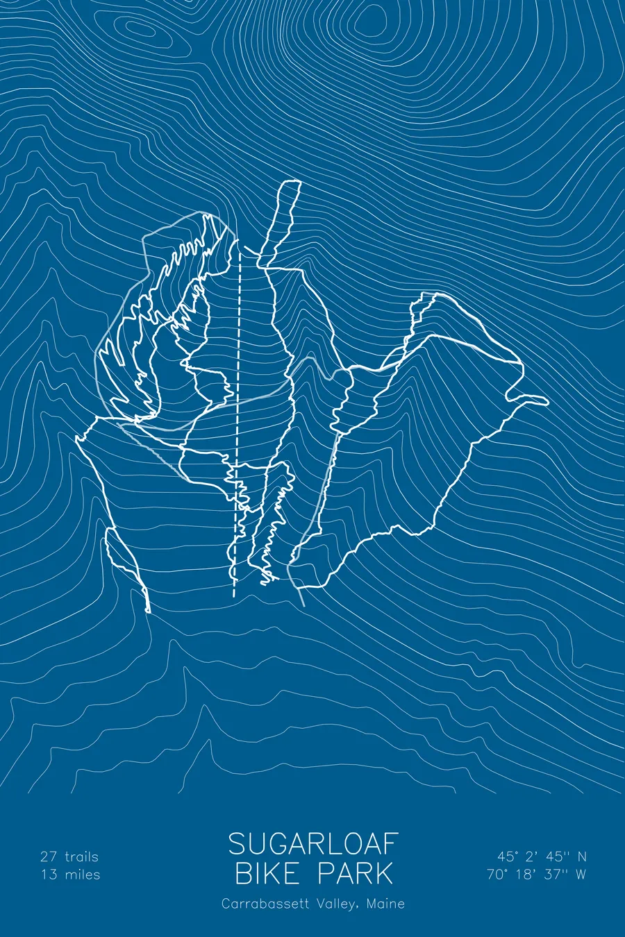 Pen-plotted mountain bike trail map of Sugarloaf Bike Park, Maine in white ink on blue paper