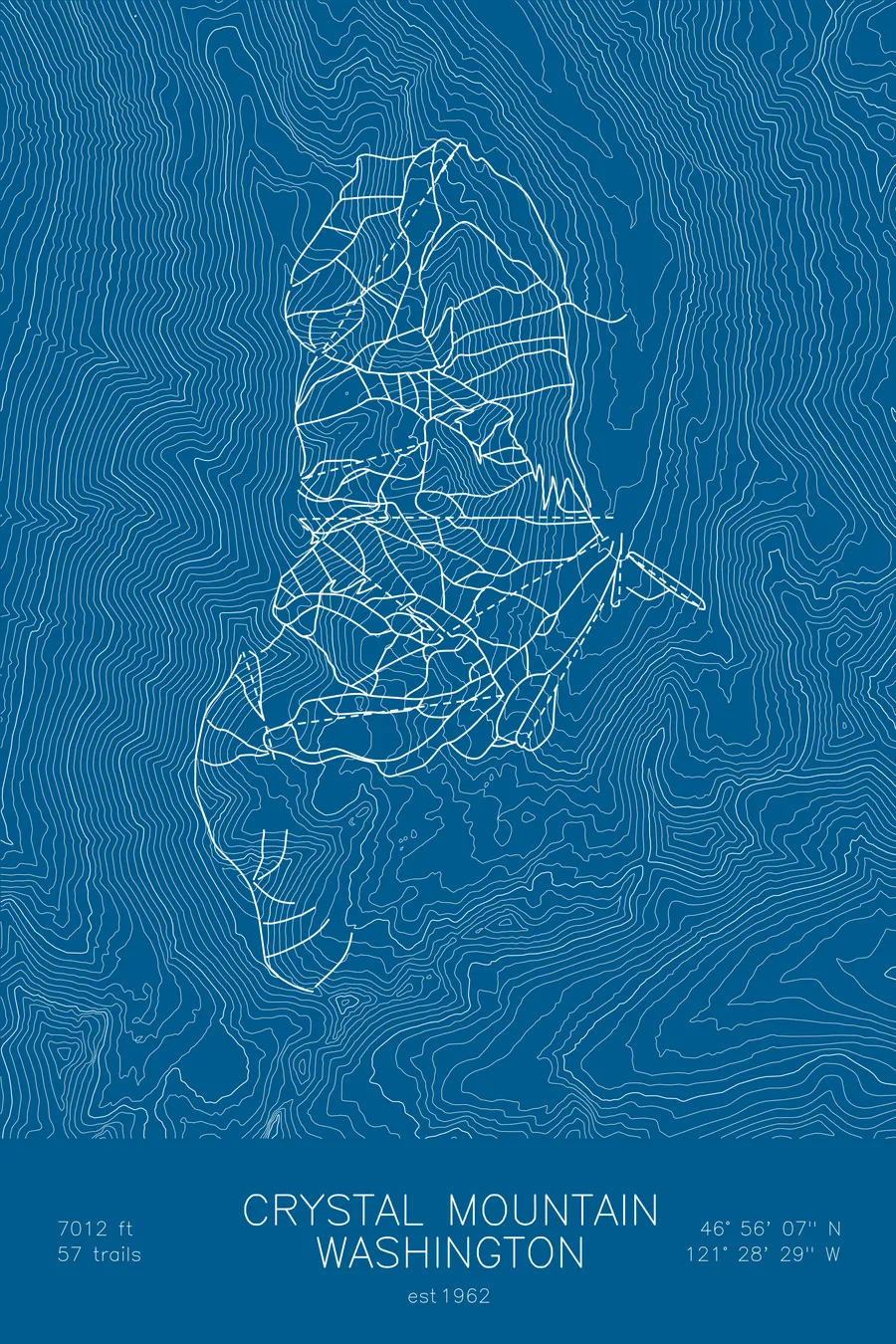 Pen-plotted topographic ski map of Crystal Mountain, Washington in white ink on blue paper