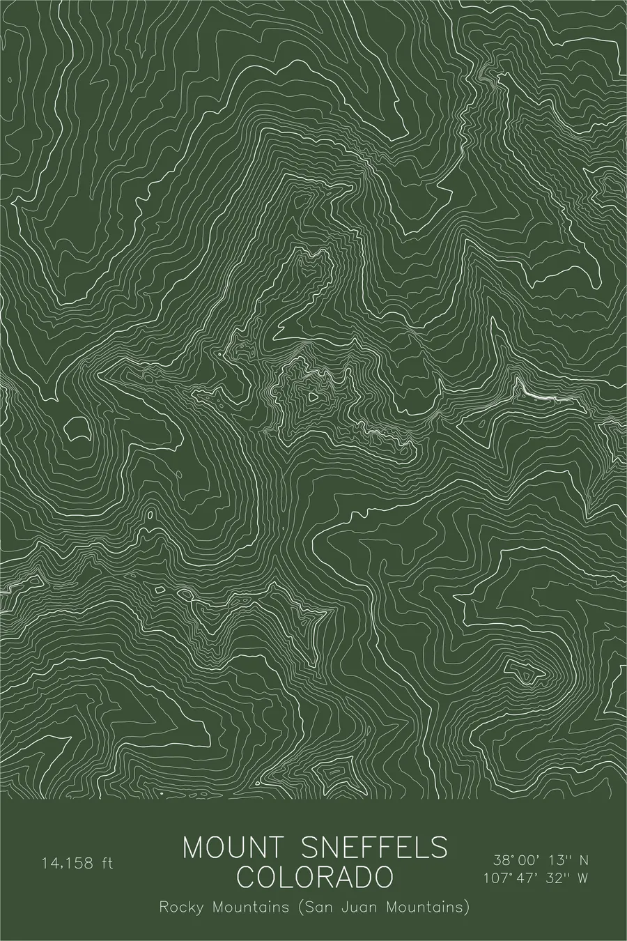 Pen-plotted topographic map of Mount Sneffels, Colorado in white ink on green paper