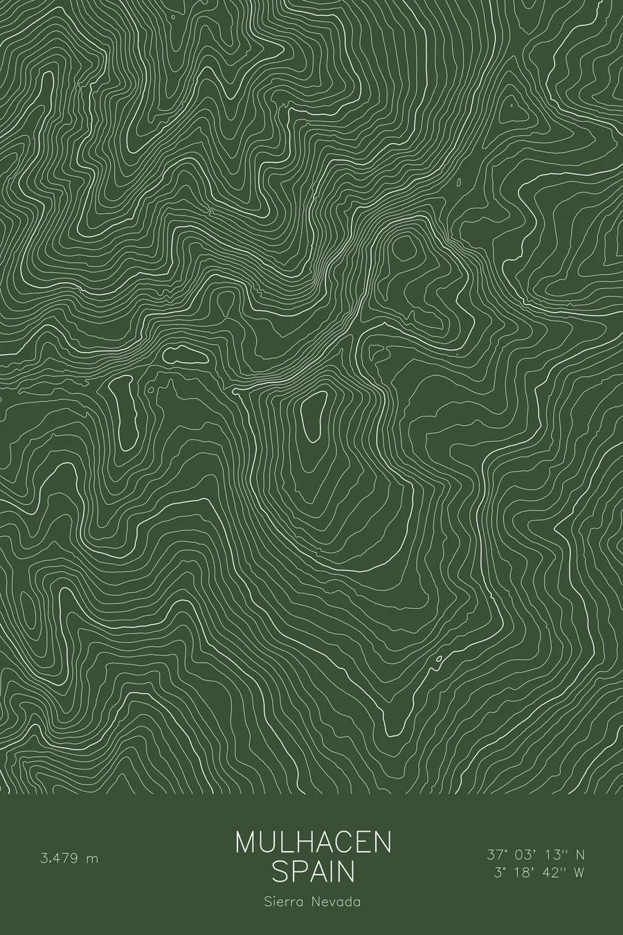 Pen-plotted topographic map of Mulhacen, Spain in white ink on green paper
